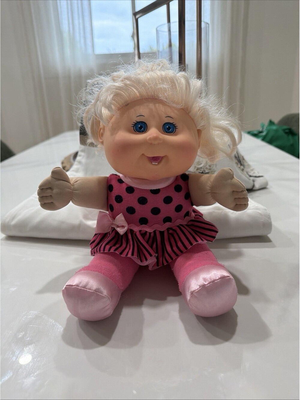 Cabbage Patch Kids 2011 Jakks Blonde Baby Doll Pink Polka Dot Dress  Plush